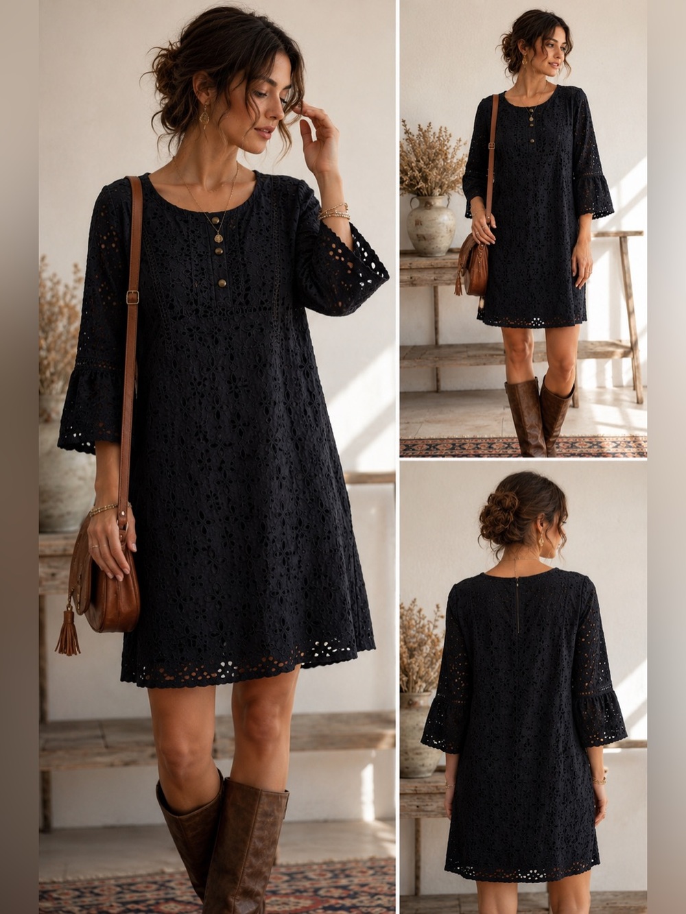 Madison Leigh Black Eyelet Cotton Prairie Boho Cottagecore Dress 10